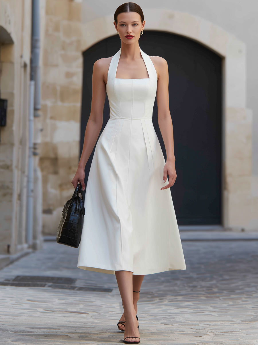 White Halter Neck Tailored Midi Dress | Elegant Women's Dress