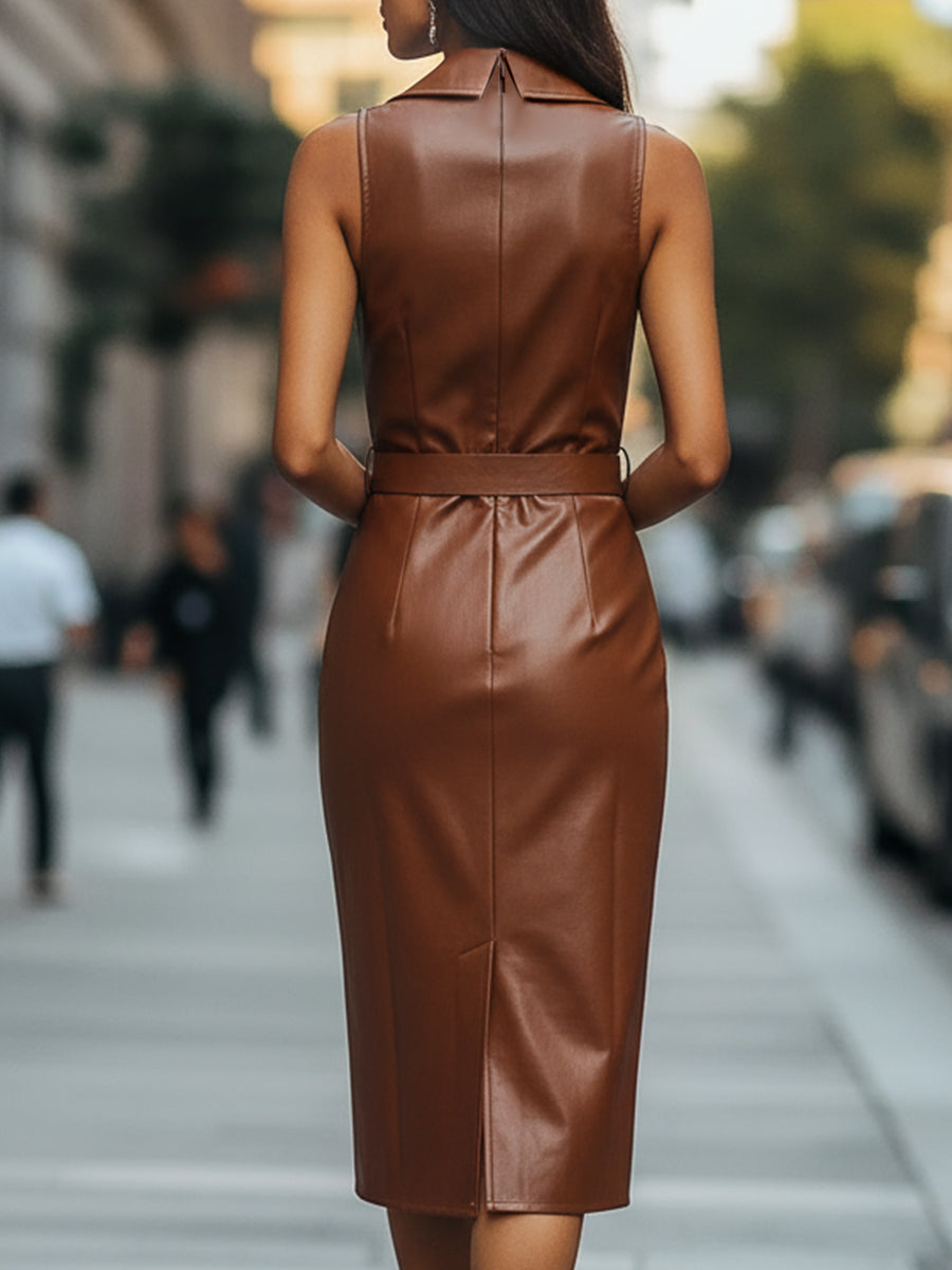 Caramel Faux Leather Sleeveless Midi Dress with Belt | Elegant Women's Dress