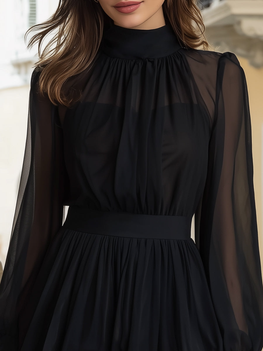 Sheer Chiffon High-Neck Long Sleeve Mini Dress | Elegant Women's Dress