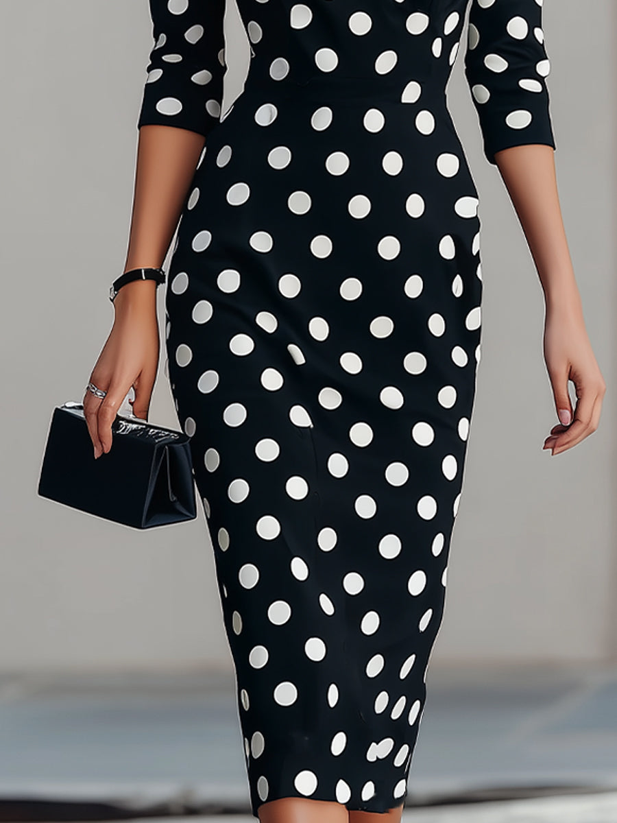 Black & White Polka Dot Midi Sheath Dress | Elegant Women's Dress