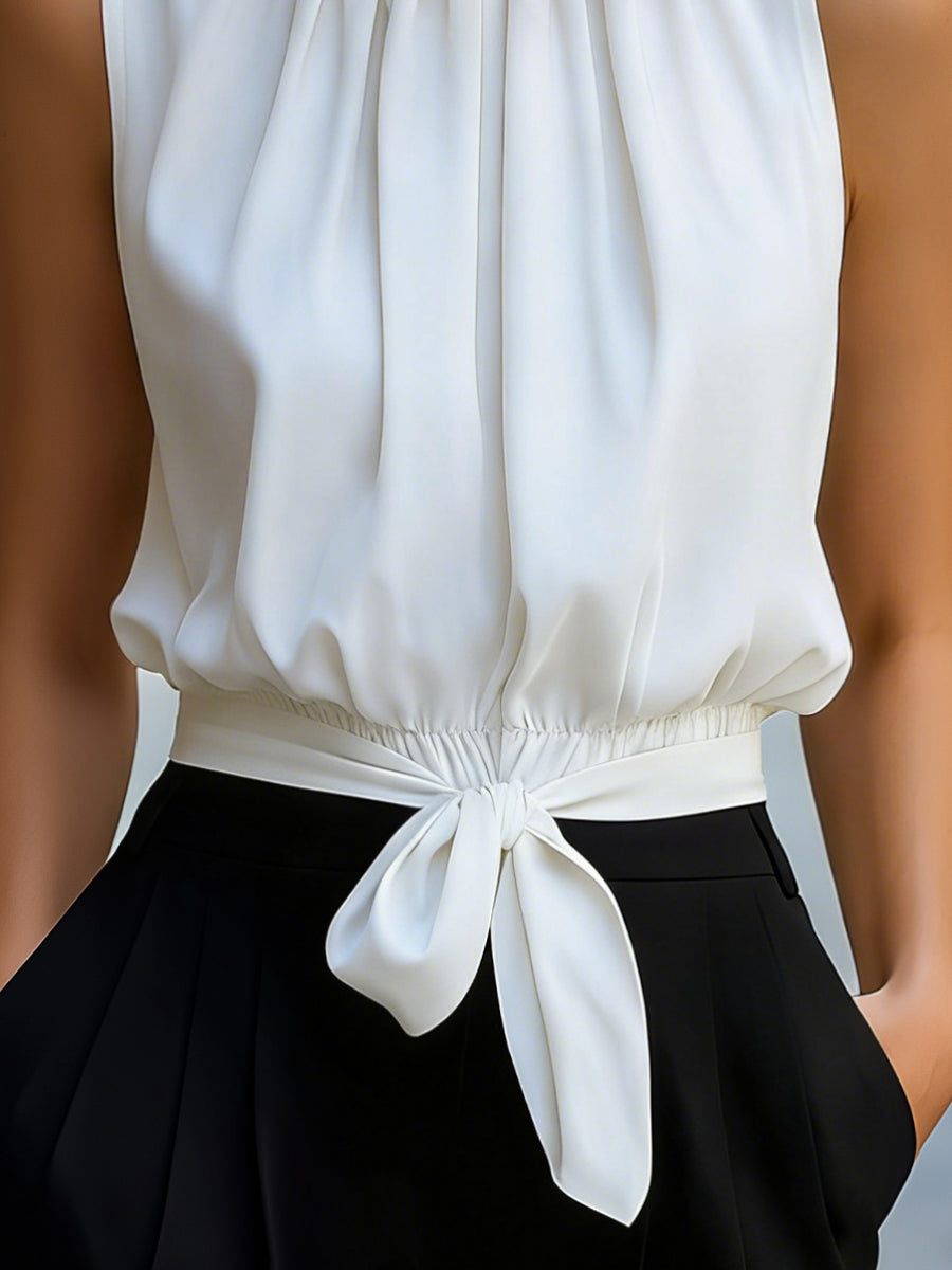 Sleeveless High-Neck Tie-Waist Blouse | Elegant Women's Dress