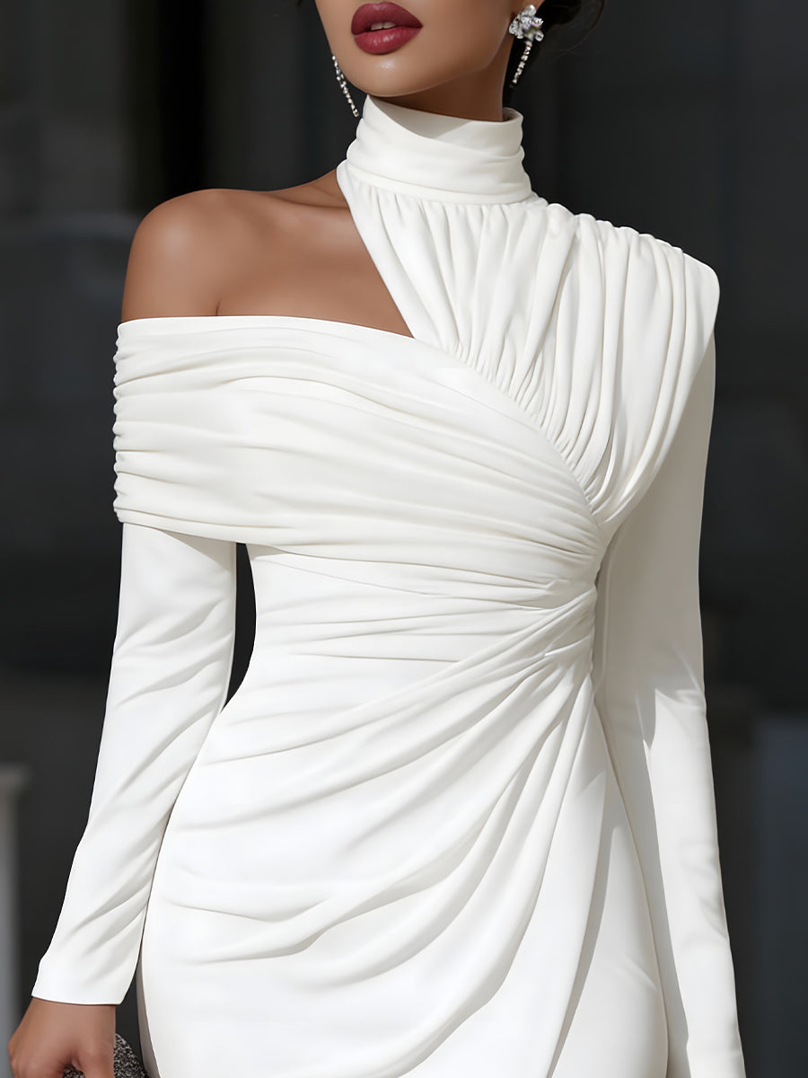 Asymmetric Draped High-Neck One-Shoulder Evening Dress | Elegant Women's Dress