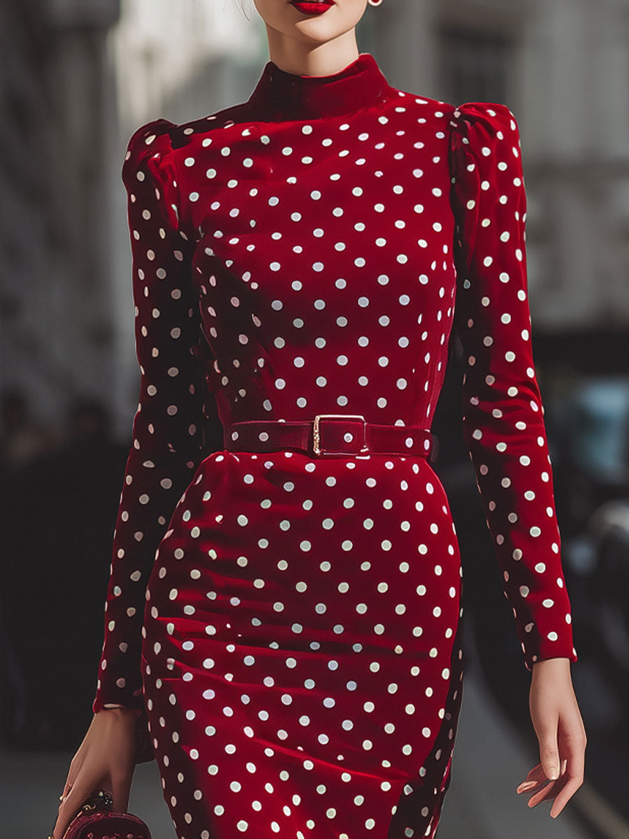 Vintage-Inspired Red Polka Dot Velvet Midi Dress | Elegant Women's Dress