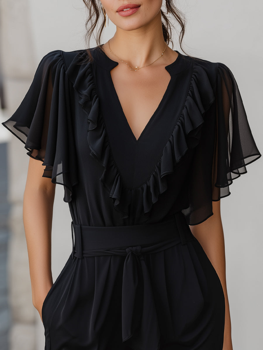 V-Neck Ruffled Chiffon Flutter Sleeve Blouse | Elegant Women's Dress