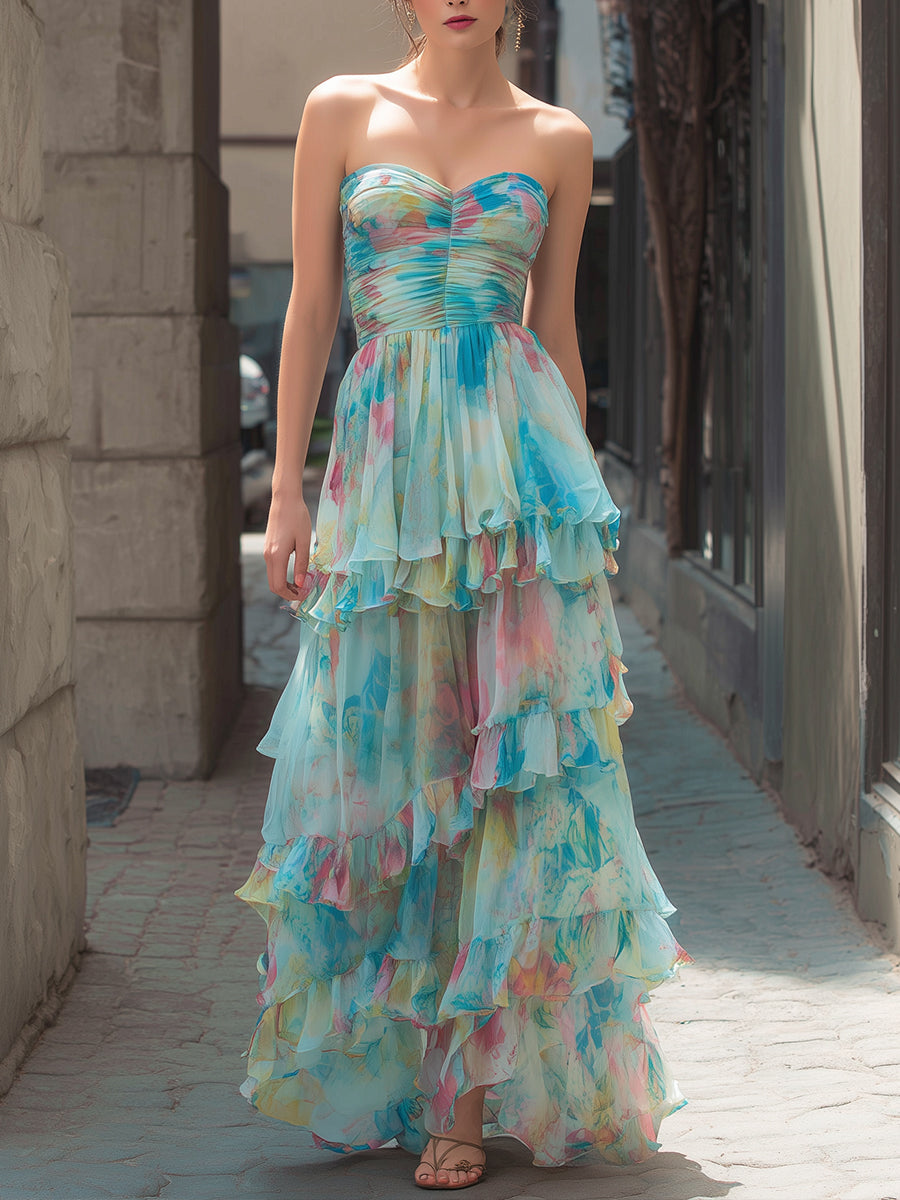 Strapless Watercolor Print Tiered Maxi Dress | Elegant Women's Dress