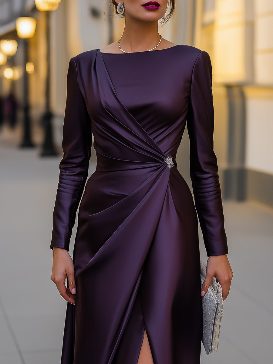 Satin Asymmetric Draped Evening Gown | Elegant Women's Dress