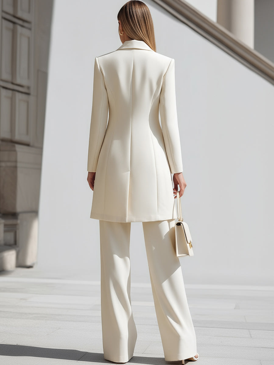 Elegant Cream Longline Blazer And Wide - Leg Pants Set | Elegant Women's Dress