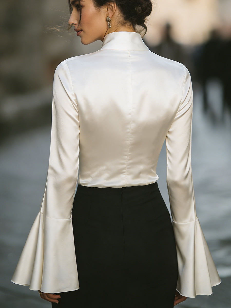Vintage-Inspired Bell-Sleeve Satin Blouse | Elegant Women's Dress