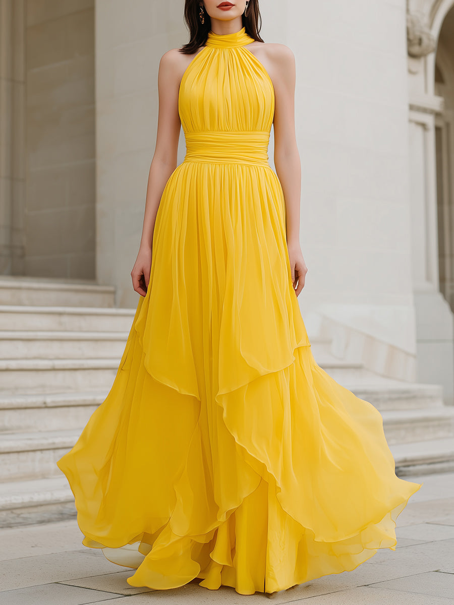Yellow Halter Neck Pleated Chiffon Maxi Dress With Tiered Hem | Elegant Women's Dress