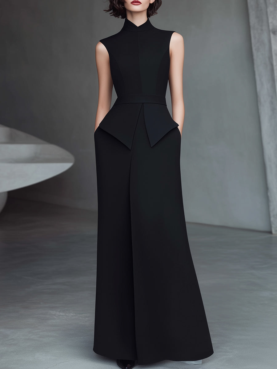 Black High-Neck Structured Sleeveless Maxi Dress | Elegant Women's Dress