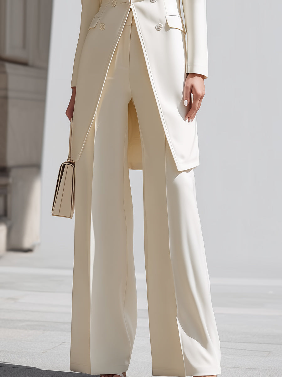 Elegant Cream Longline Blazer And Wide - Leg Pants Set | Elegant Women's Dress