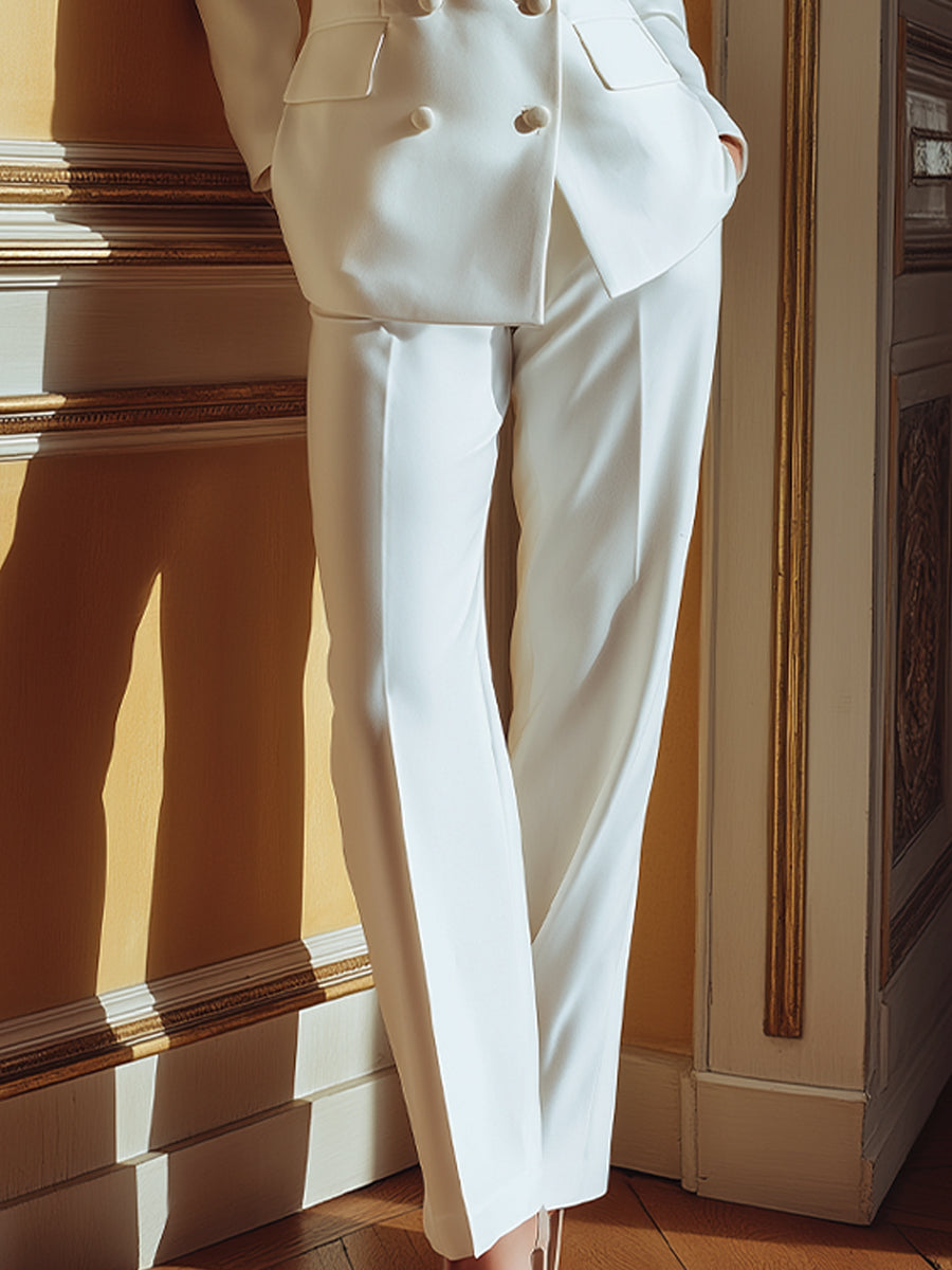 White Structured Double-Breasted Blazer & Straight-Leg Trousers Suit | Elegant Women's Dress
