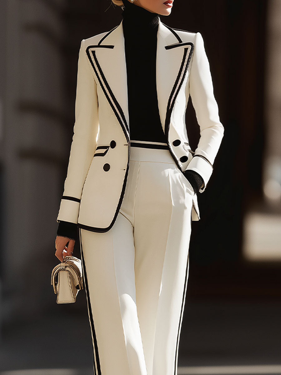 White Contrast - Trim Double - Breasted Suit Set | Elegant Women's Dress