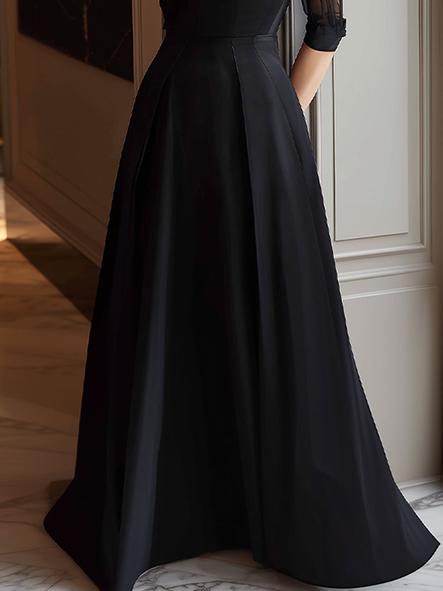 Black High-Neck Mesh Panel Maxi Dress With Keyhole Detail | Elegant Women's Dress