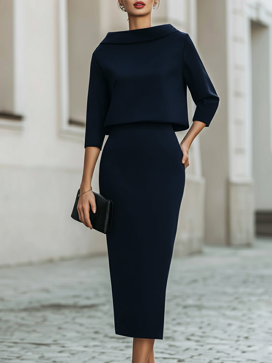 Boat Neck Top And Midi Skirt Set | Elegant Women's Dress