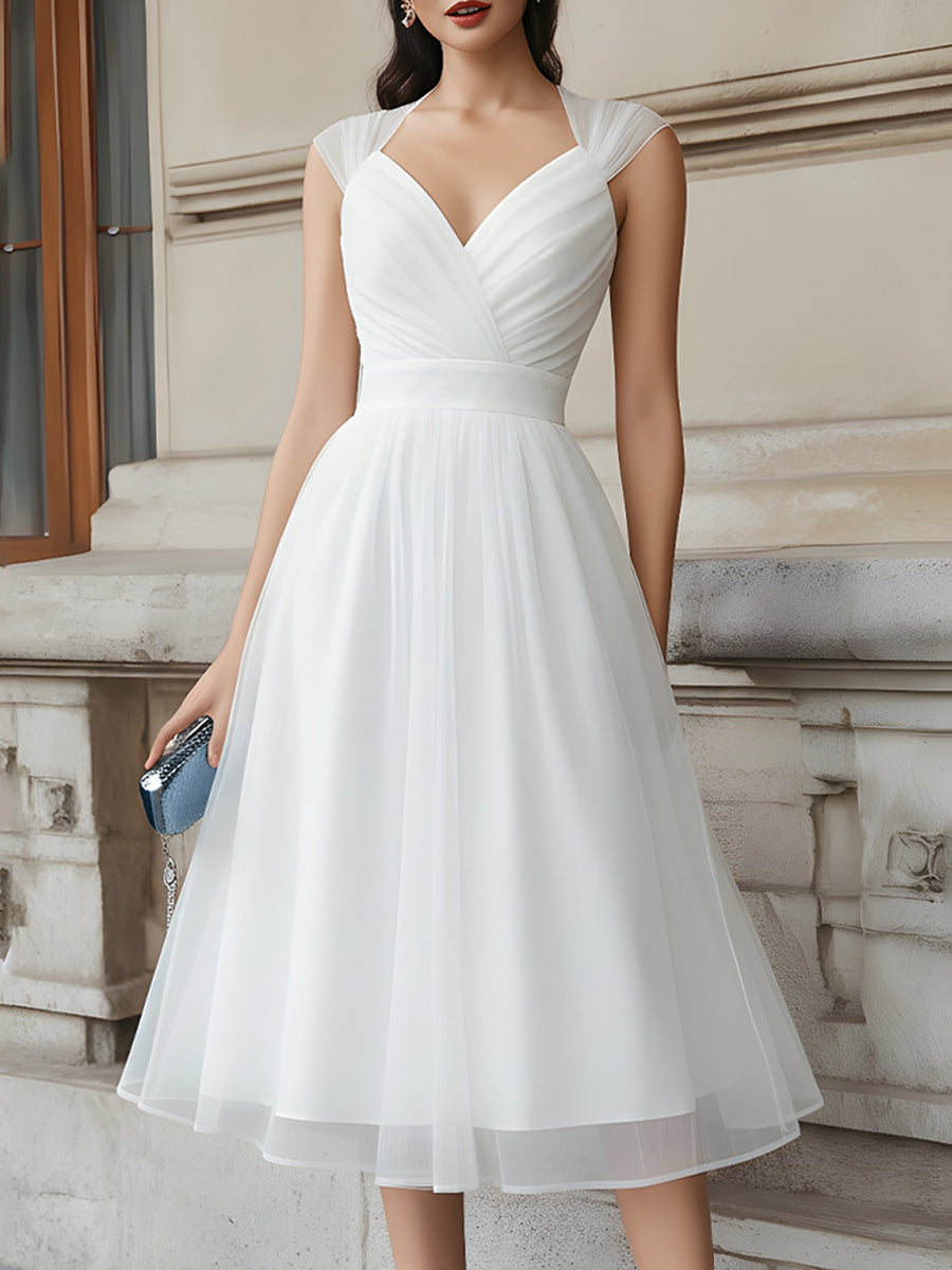 V-Neck Pleated Midi Dress With Cap Sleeves | Elegant Women's Dress