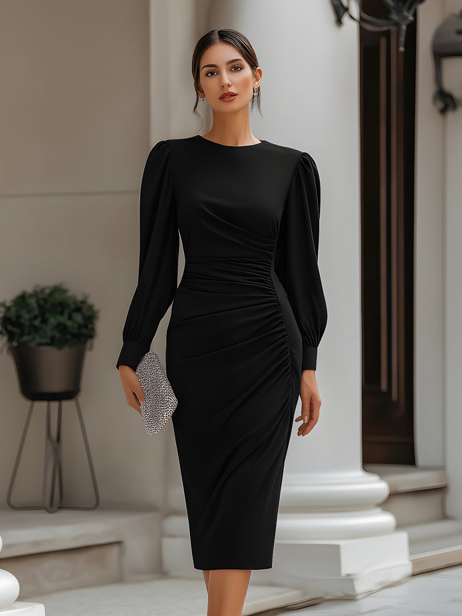 Ruched Waist Puff Sleeve Midi Dress | Elegant Women's Dress