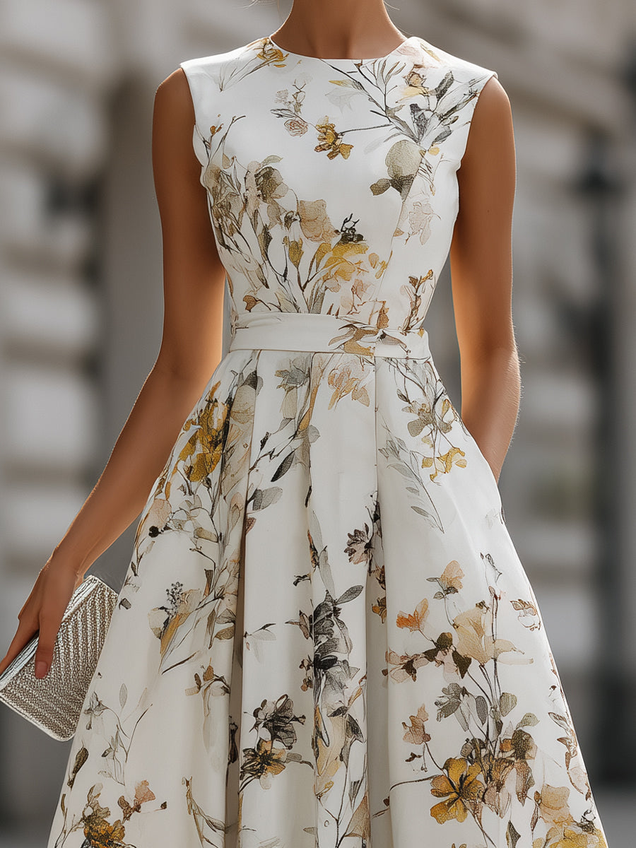 Sleeveless Belted Floral Midi Dress | Elegant Women's Dress