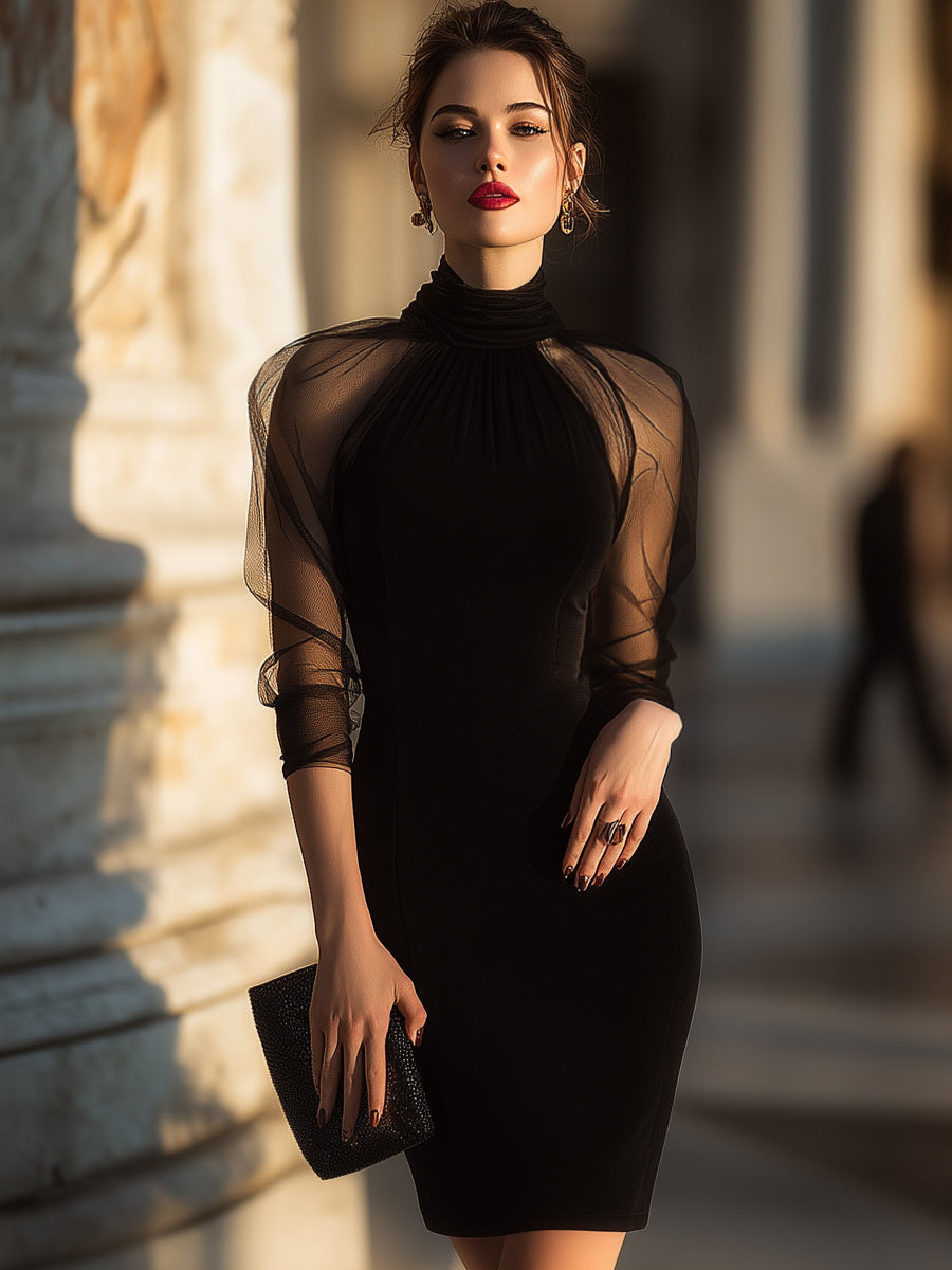 Sheer-Sleeve High-Neck Cocktail Dress | Elegant Women's Dress