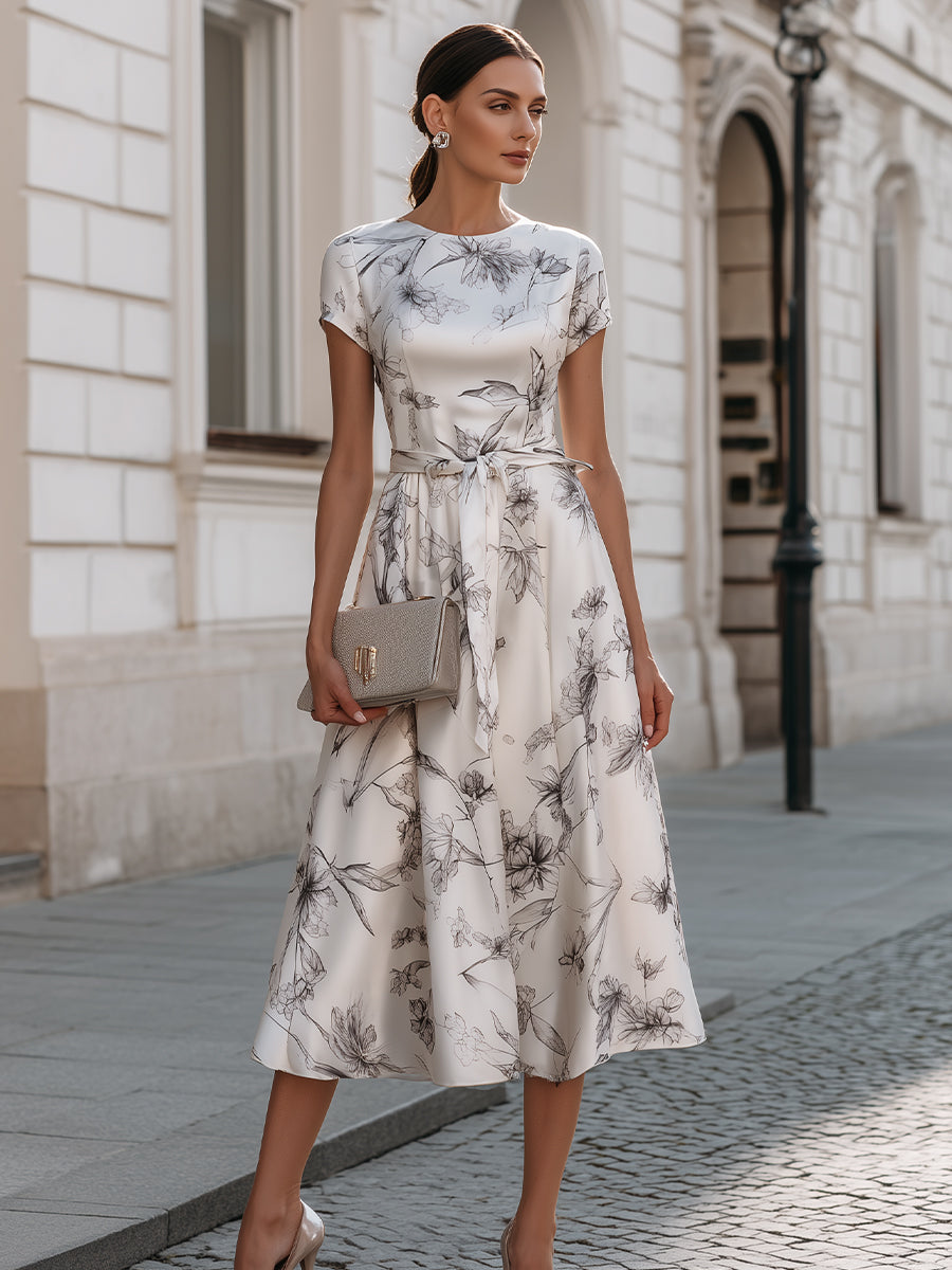 Belted Floral Print Midi Dress | Elegant Women's Dress