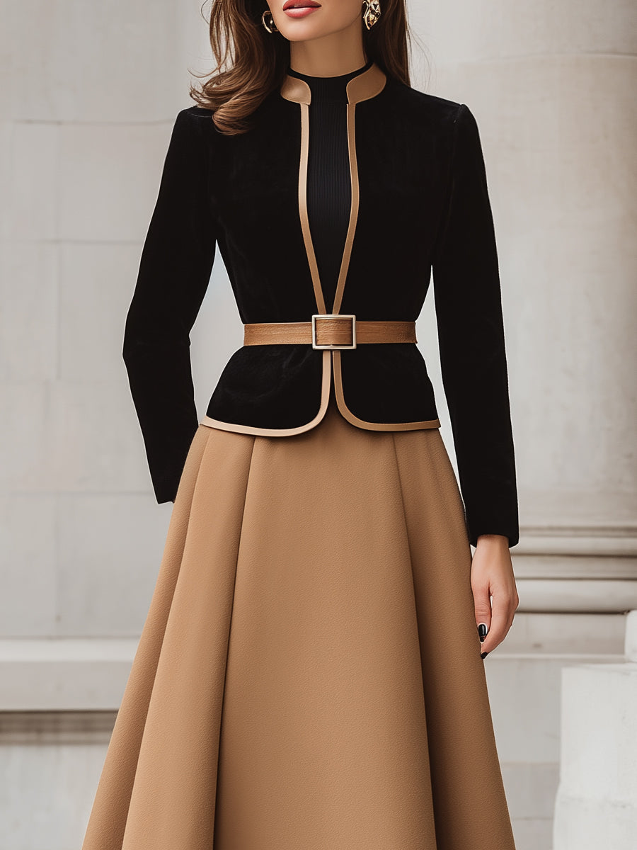 Two-Tone Trim Blazer And A-Line Midi Skirt Set | Elegant Women's Dress