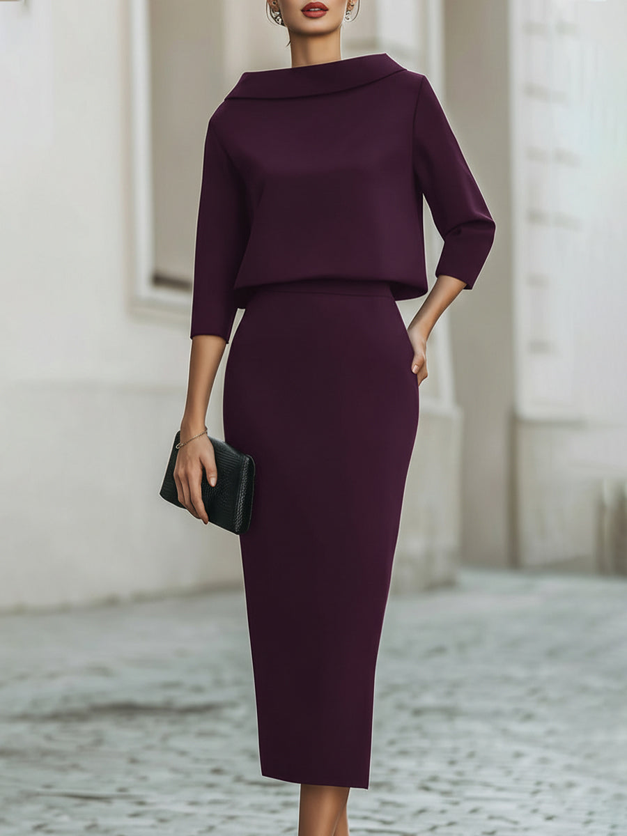 Boat Neck Top And Midi Skirt Set | Elegant Women's Dress