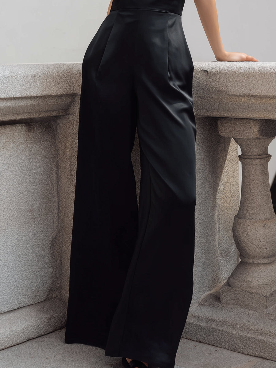 Black Satin Spaghetti-Strap Wide-Leg Jumpsuit | Elegant Women's Dress