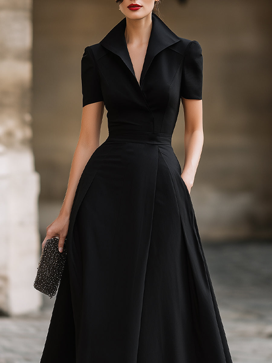Short-Sleeve Notched Collar Midi Dress | Elegant Women's Dress