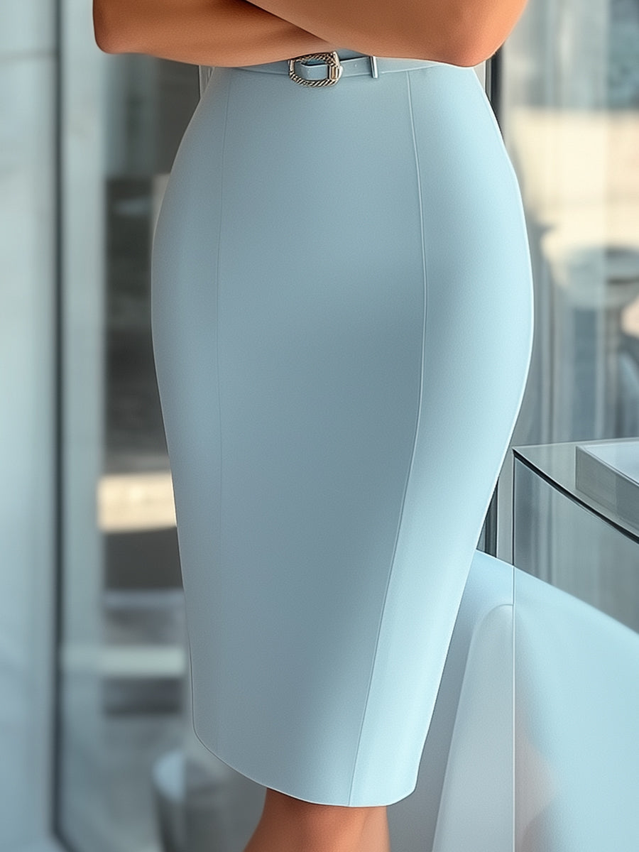 Sleek Sky Blue Asymmetrical Dress with Belt | Elegant Women's Dress