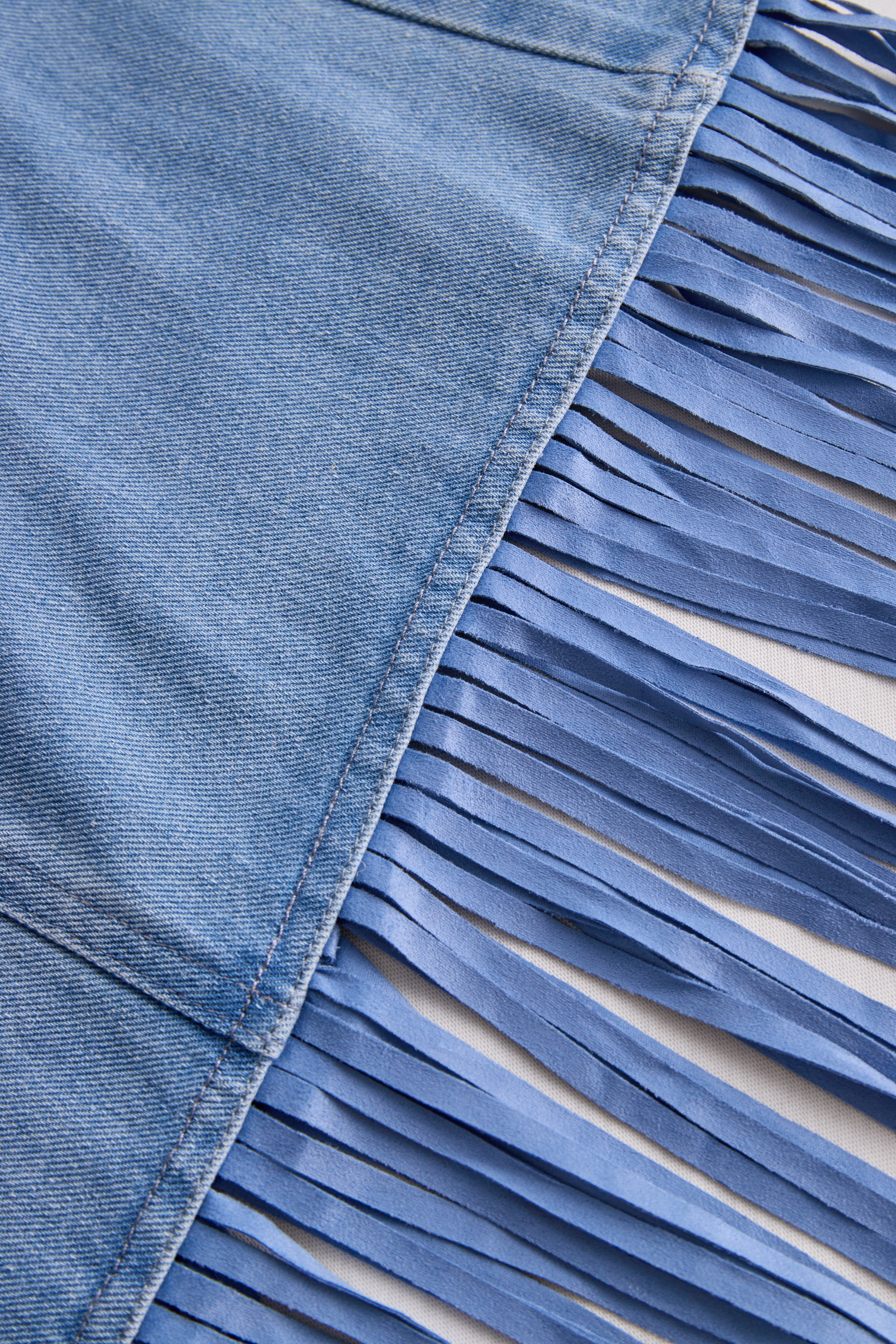 Stylish Denim Two-Piece Set With Asymmetrical Top And Fringed Skirt | Elegant Women's Dress