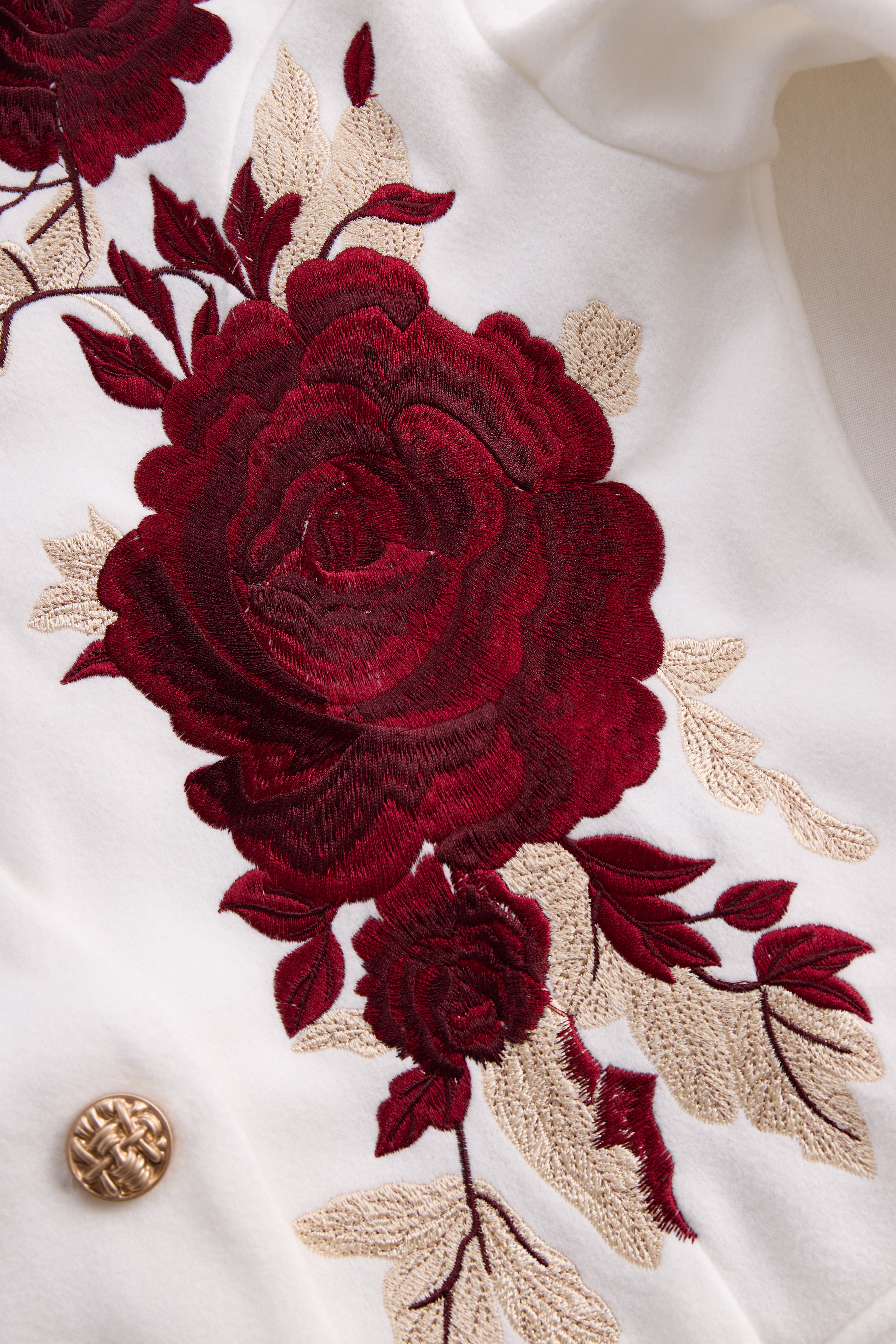 Chic White Blazer with Red Rose Embroidery | Elegant Women's Dress