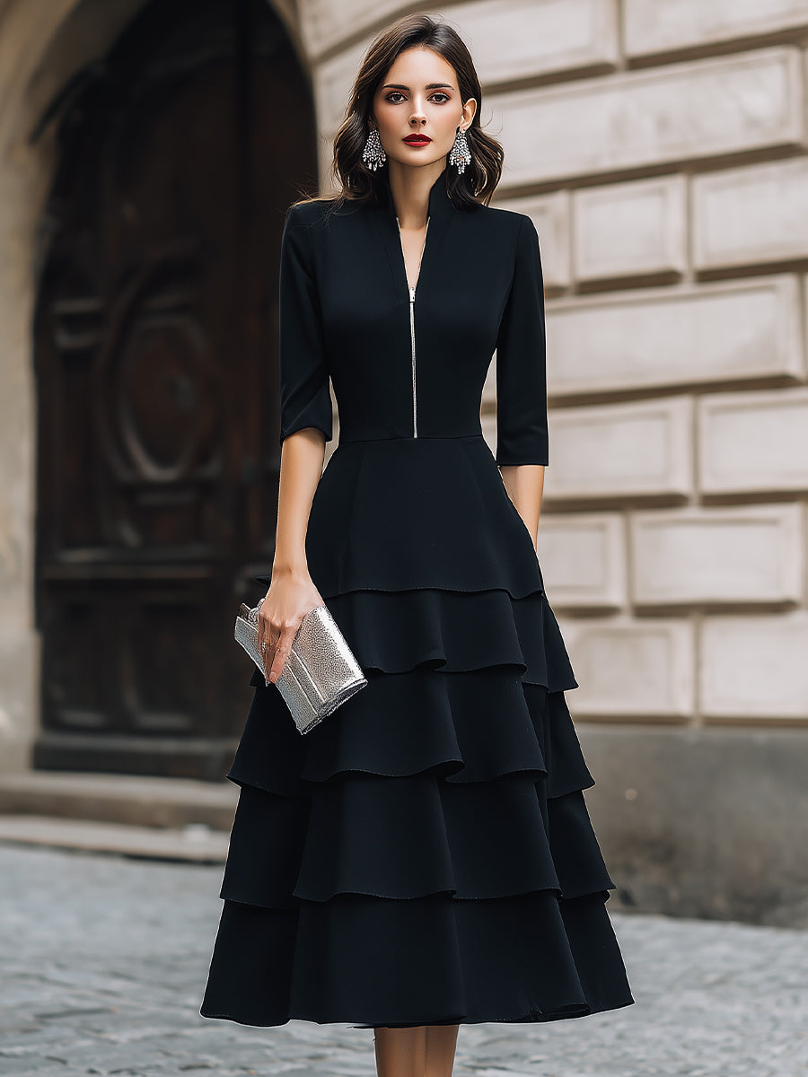 Zip-Front Tiered Midi Dress With Structured Waist | Elegant Women's Dress