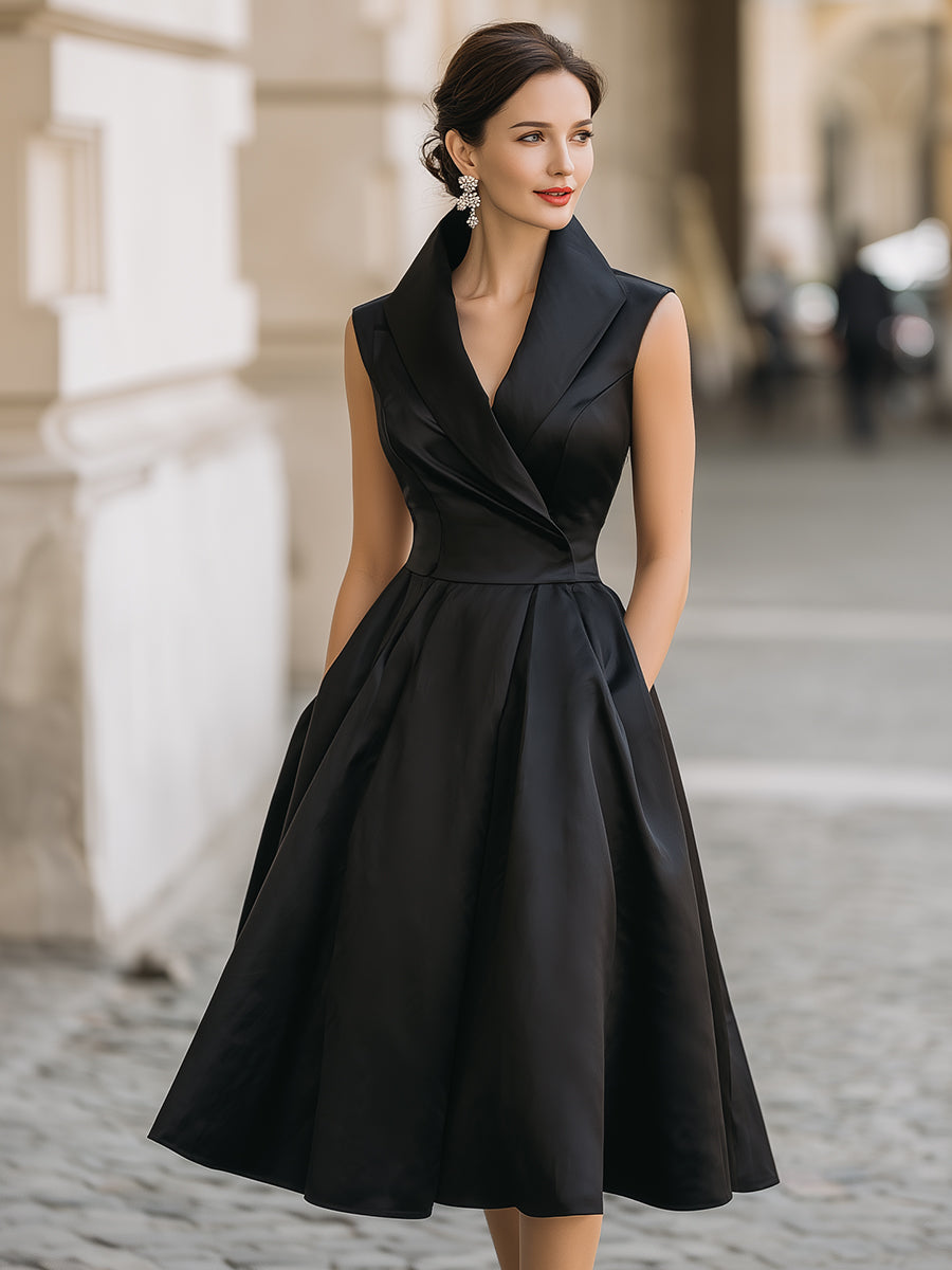 Vintage-Inspired Satin Fit-and-Flare Midi Dress With Sculpted Shawl Collar | Elegant Women's Dress