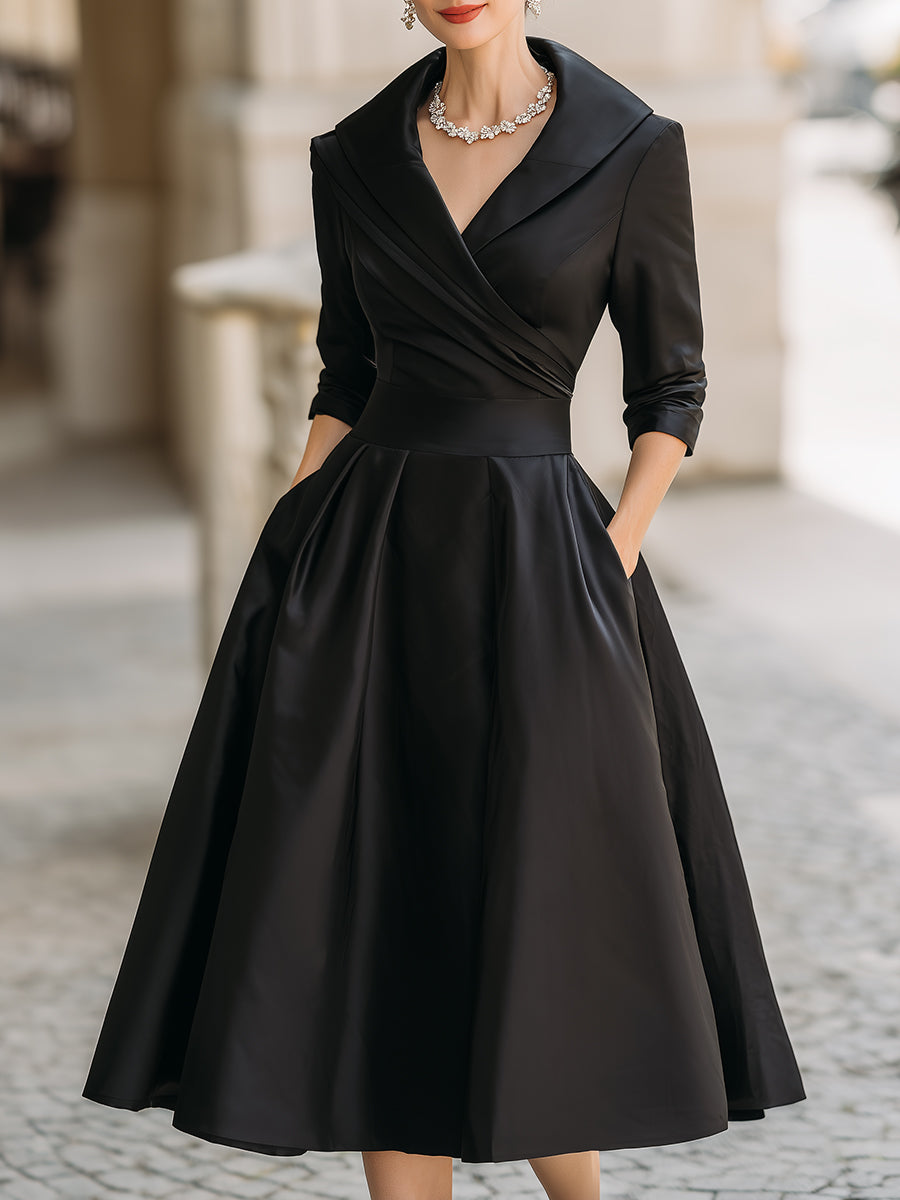 Vintage-Inspired Satin Midi Dress With Draped Collar | Elegant Women's Dress
