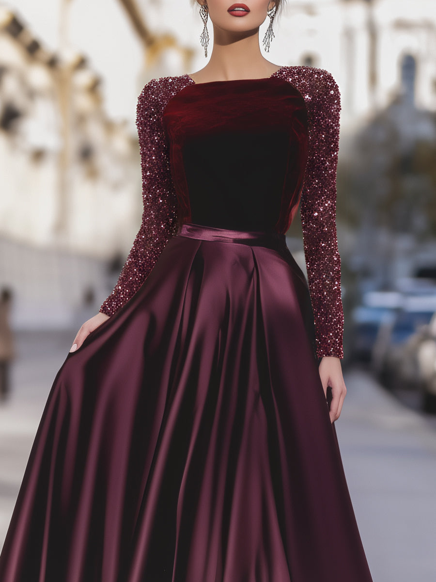 Velvet Sequin Sleeve Gown With Satin Skirt | Elegant Women's Dress