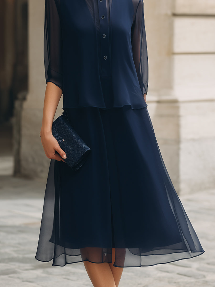 Button-Front Sheer Overlay Midi Dress | Elegant Women's Dress