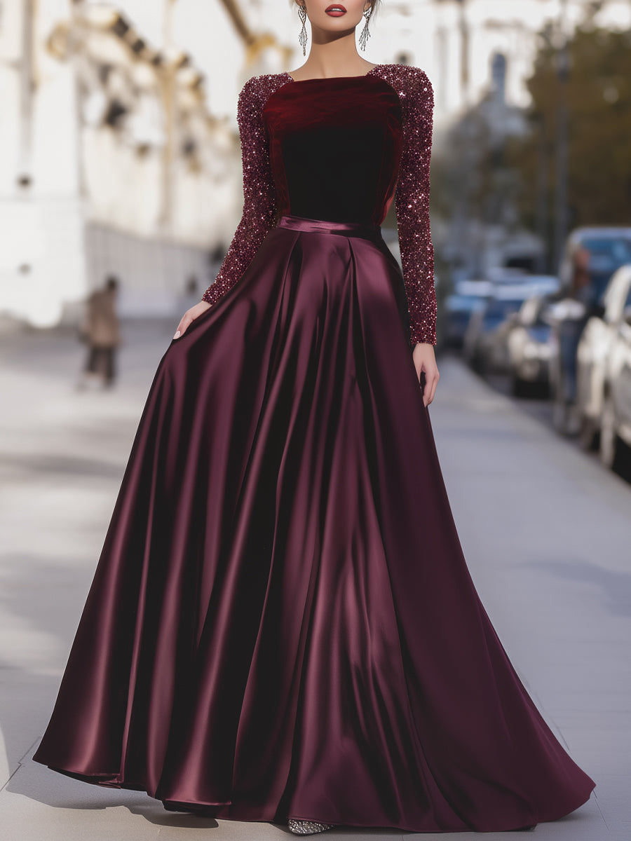 Velvet Sequin Sleeve Gown With Satin Skirt | Elegant Women's Dress