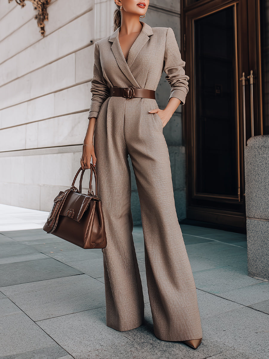 Taupe Belted Blazer Jumpsuit With Wide-Leg Silhouette | Elegant Women's Dress