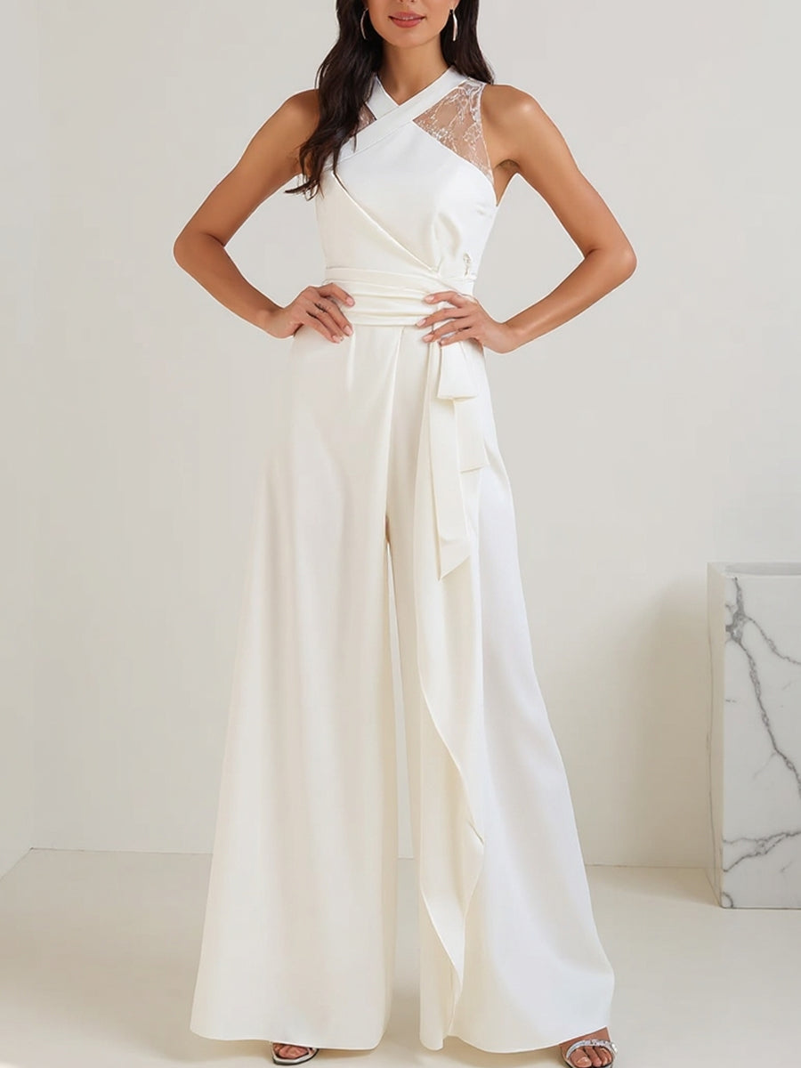 White Cross-Neck Lace Panel Wide-Leg Jumpsuit With Tie Waist | Elegant Women's Dress