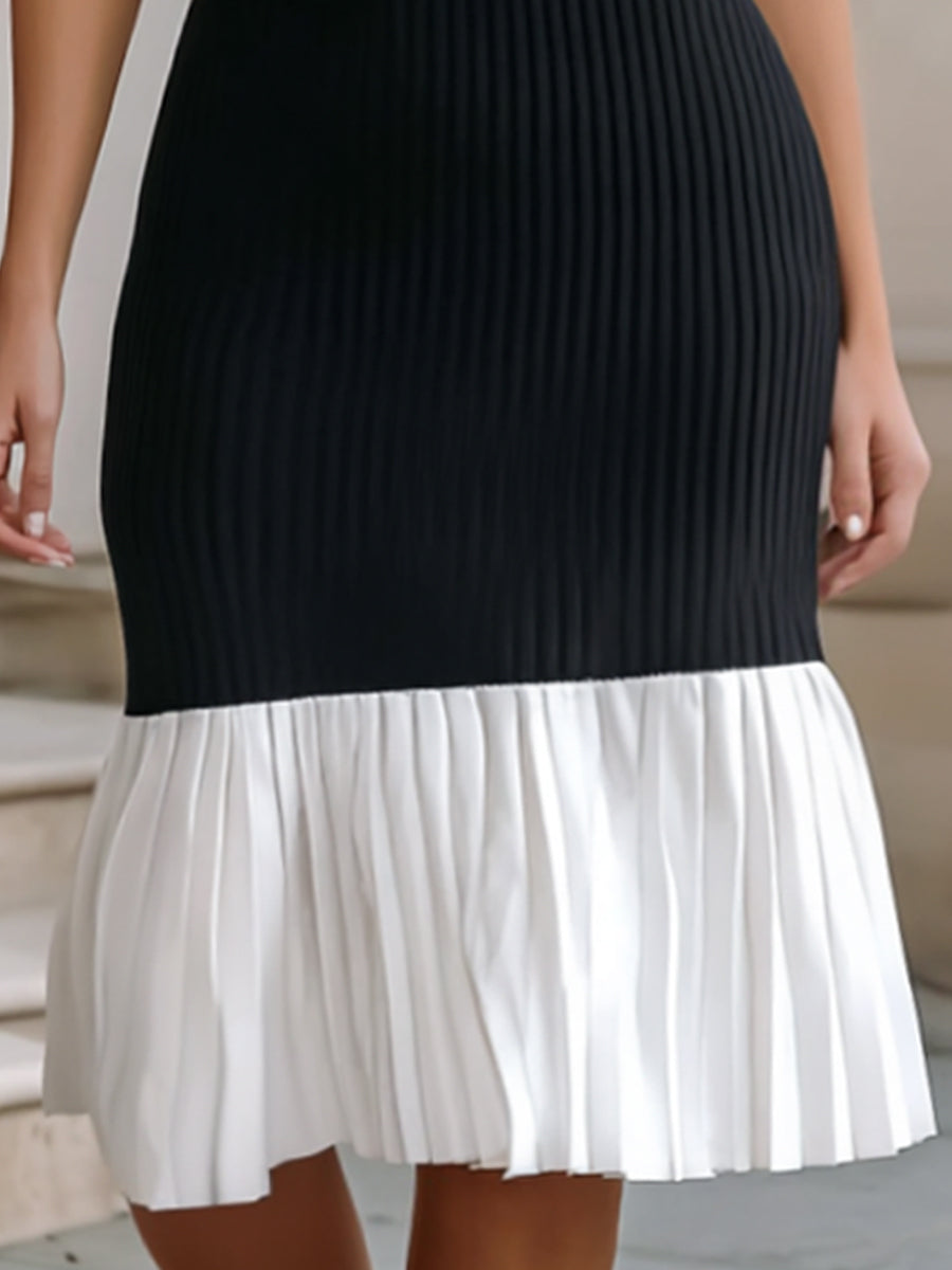 Sophisticated Monochrome Rib-Knit Mock-Neck Dress With Pleated Hem | Elegant Women's Dress