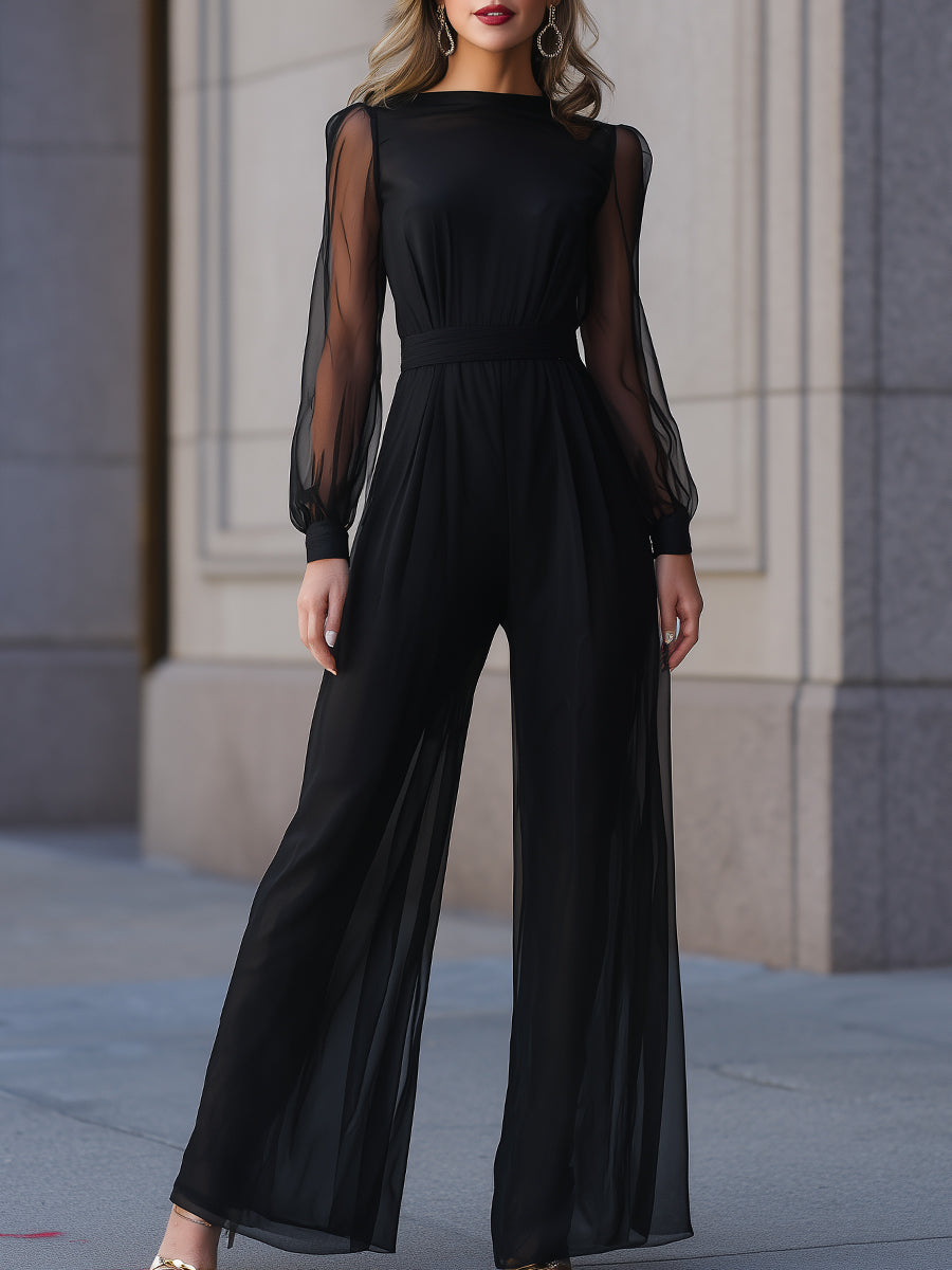 Sheer Sleeve Cinched Waist Wide-Leg Jumpsuit | Elegant Women's Dress