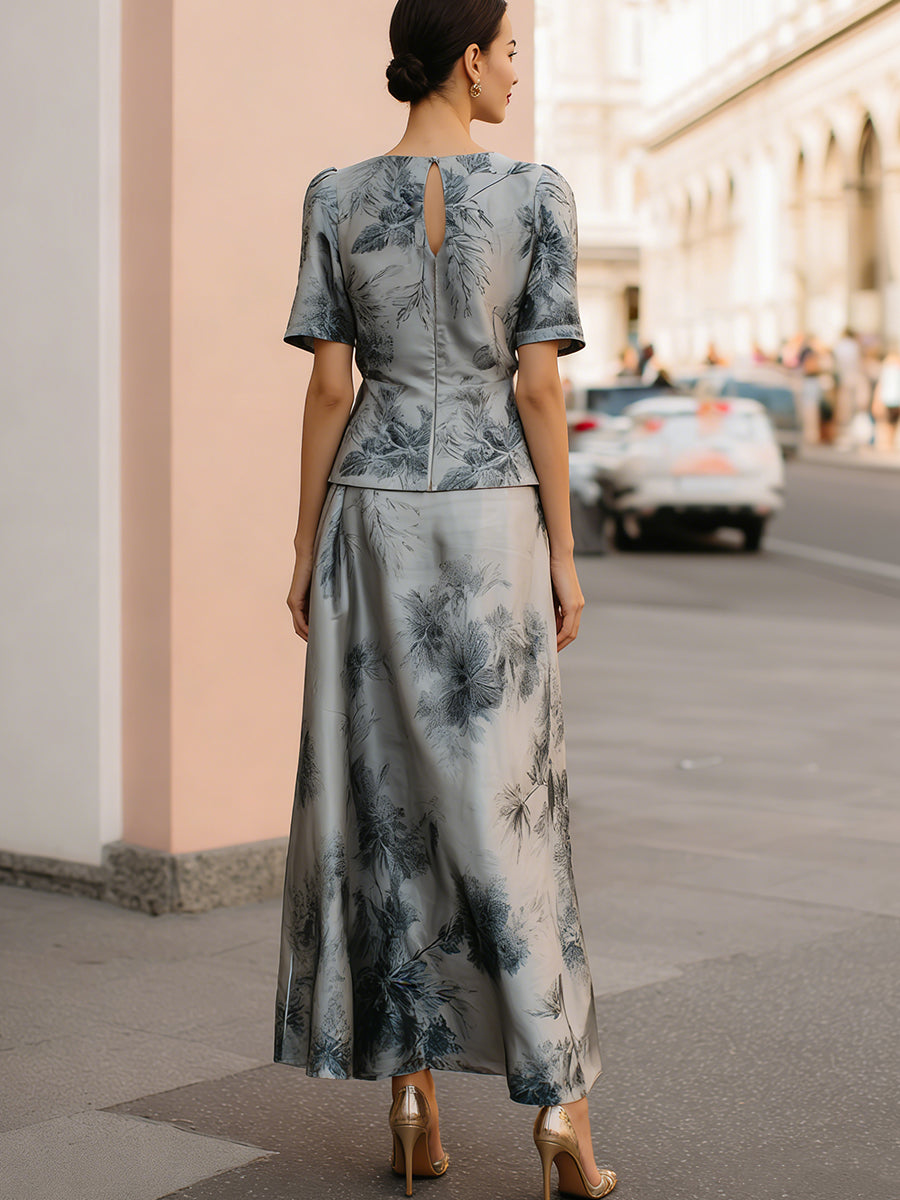 Ethereal Silver-Grey Floral Printed Two-Piece Maxi Set | Elegant Women's Dress