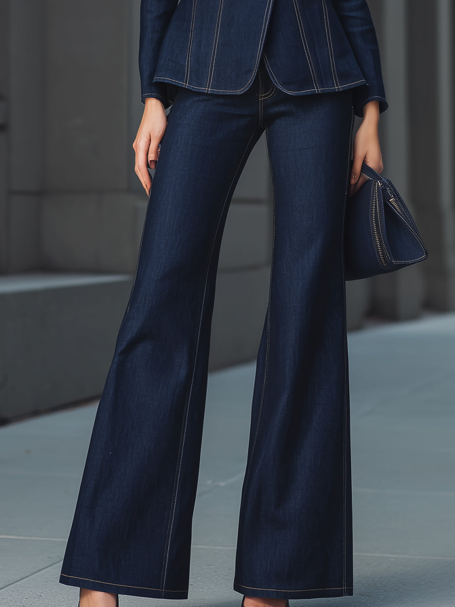Tailored Dark Denim Blazer & Flare Pants Set | Elegant Women's Dress