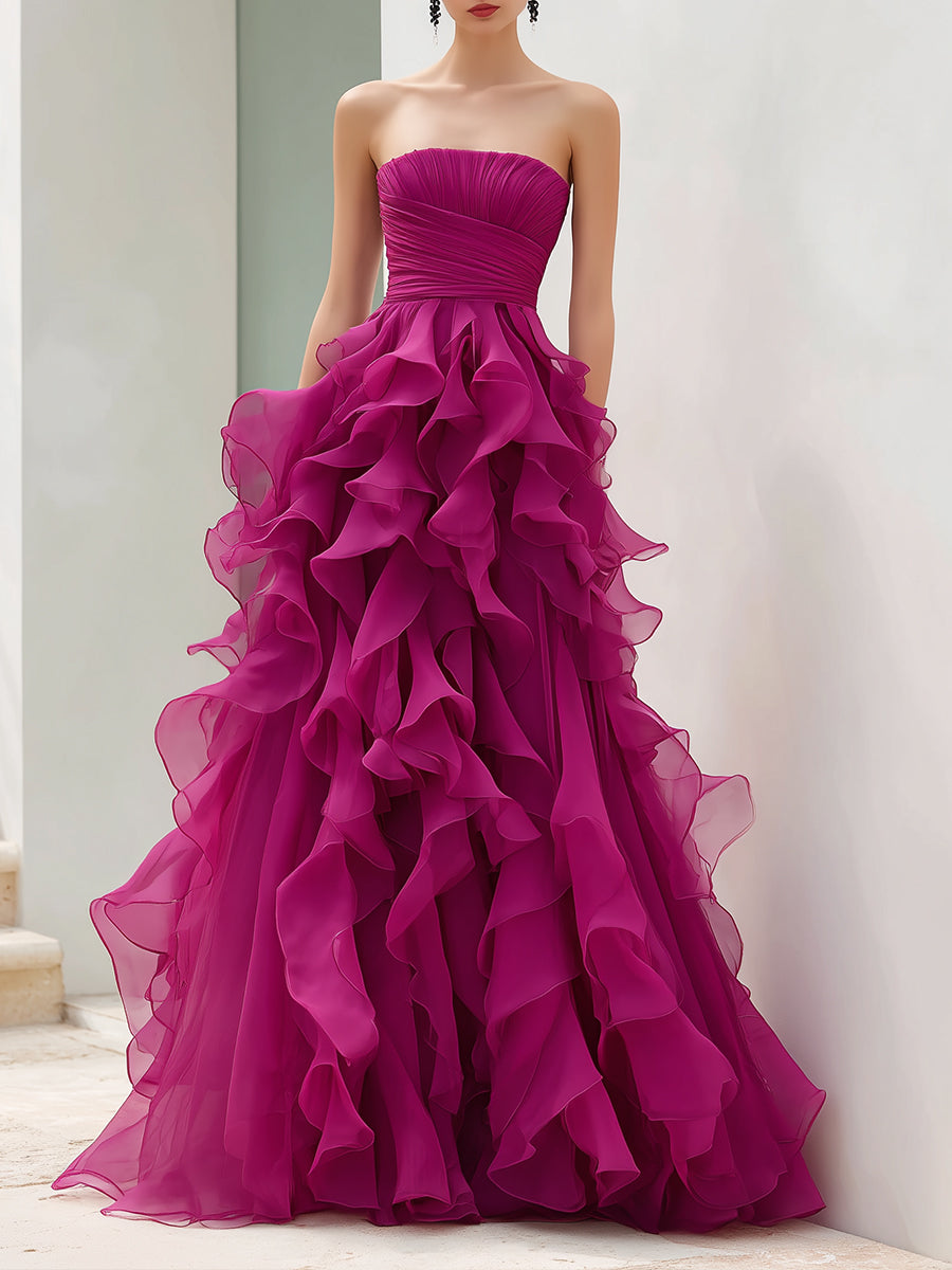 Strapless Magenta Ruffled Ball Gown | Elegant Women's Dress