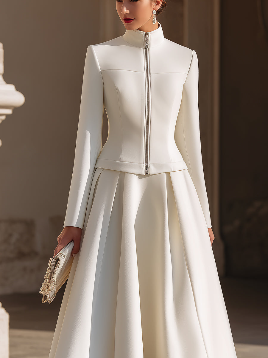 Stand Collar Zip-Up Jacket And Pleated Midi Skirt Set | Elegant Women's Dress