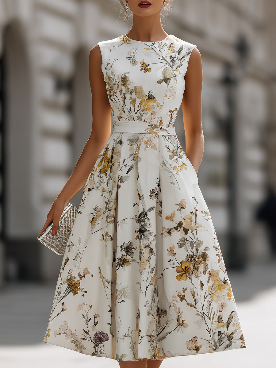 Sleeveless Belted Floral Midi Dress | Elegant Women's Dress