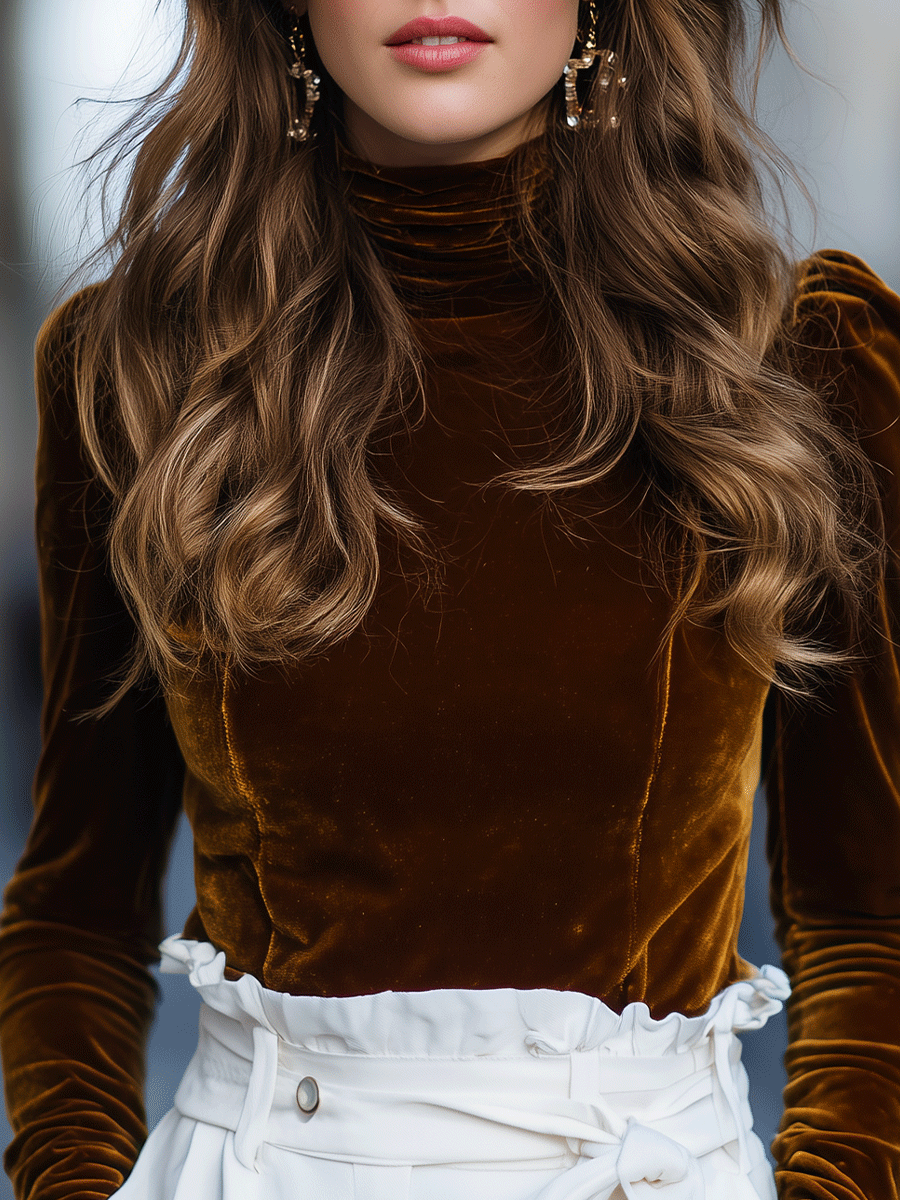 Burnt Caramel Velvet Turtleneck Top | Elegant Women's Dress