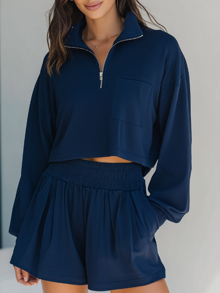Navy Cropped Half-Zip Loungewear Set | Elegant Women's Dress