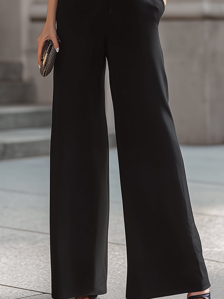 Sleek Black Tuxedo Sleeveless Wide-Leg Jumpsuit | Elegant Women's Dress