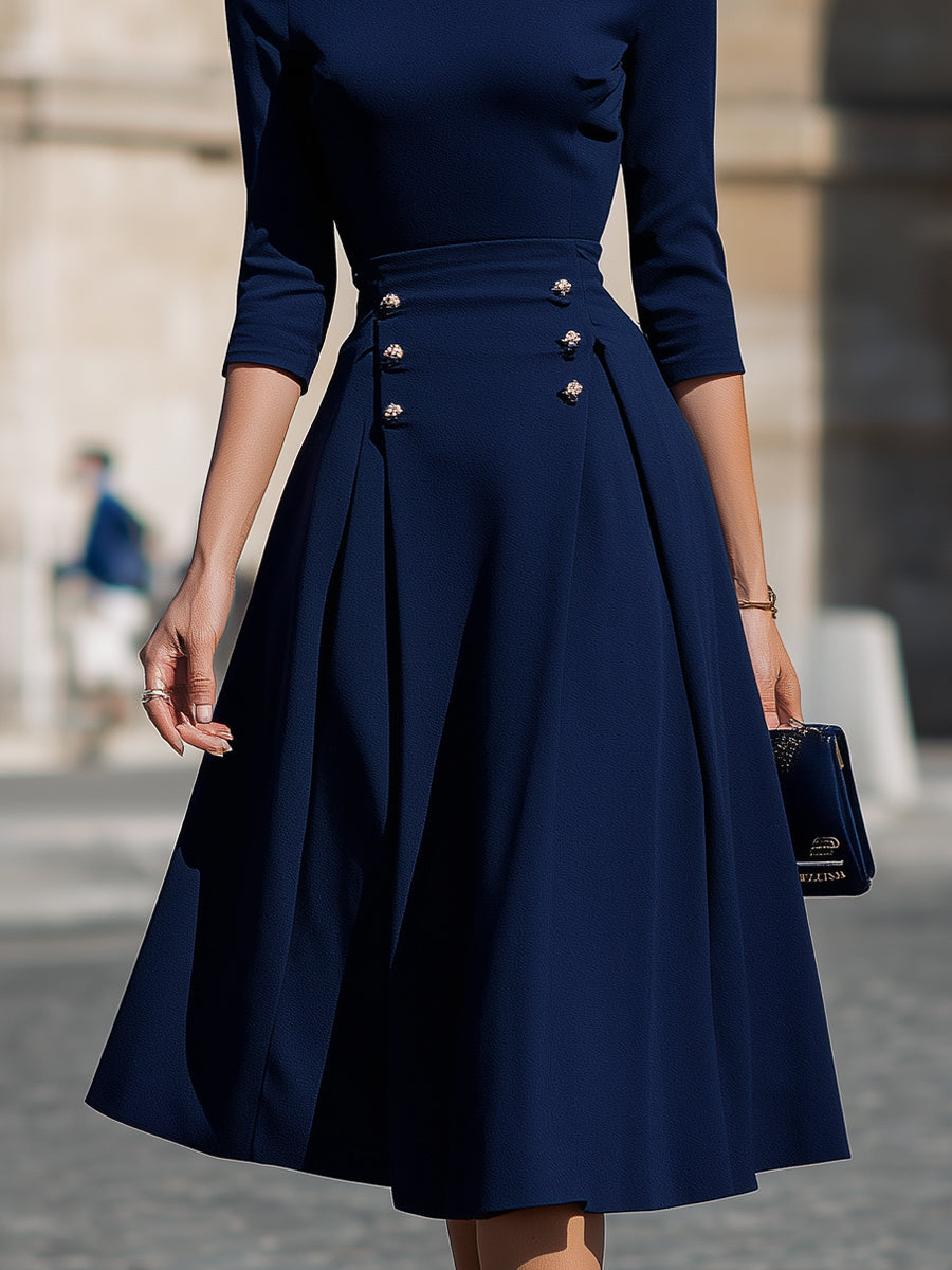Structured Waist Button-Detail Midi Dress | Elegant Women's Dress